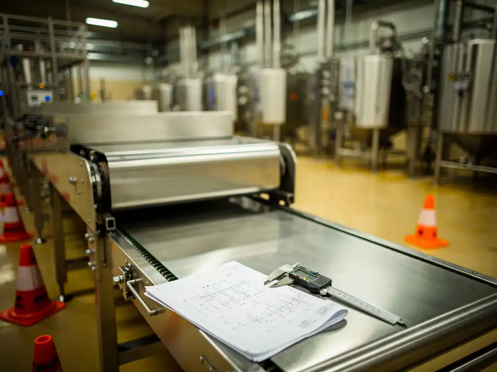 Gedeeltelijk gedemonteerde roestvrijstalen transportband met verpakte producten, blauwdrukken en digitale schuifmaat in voedselproductiefaciliteit.