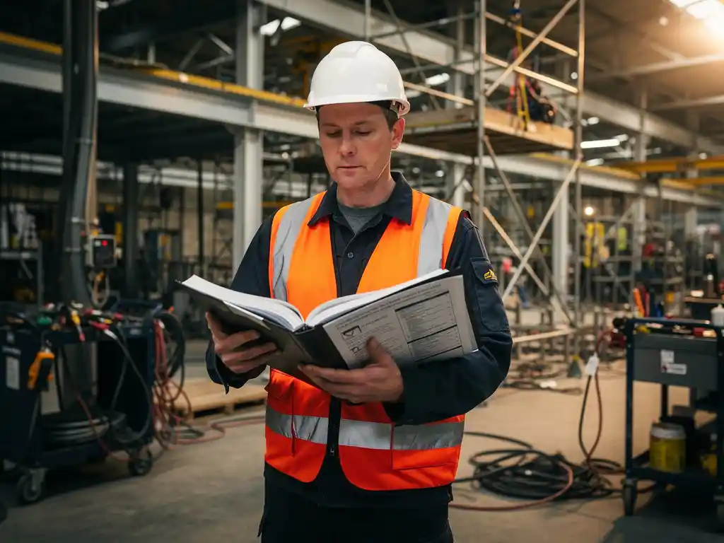 Veiligheidsmedewerker met helm en oranje vest bestudeert veiligheidsprotocollen op industriële werkvloer met steigers op de achtergrond.