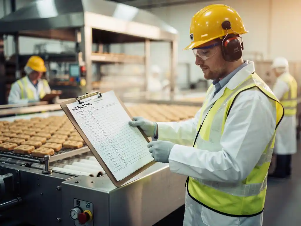 Veldinspecteur in veiligheidsuitrusting bekijkt projectplanning op klembord naast actieve roestvrijstalen voedselproductielijn.
