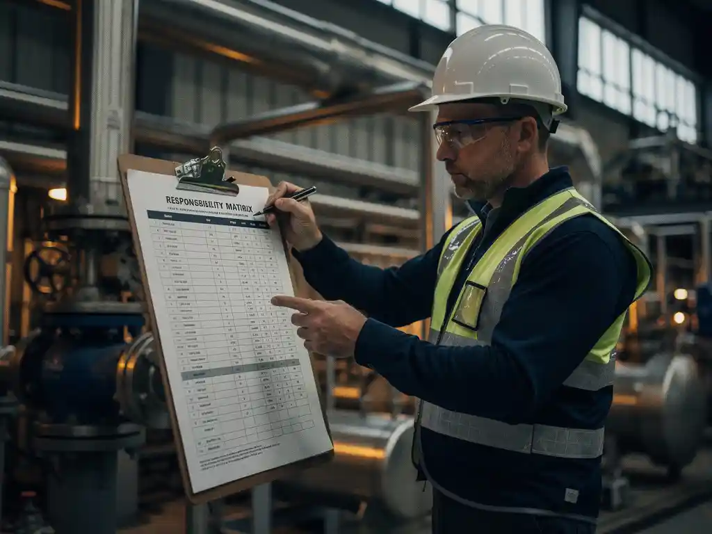 Projectmanager in chemische fabriek bestudeert verantwoordelijkheidsmatrix op klembord, omgeven door buizen en staalconstructies.