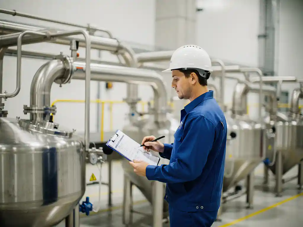Ingenieur in witte helm en blauwe overall inspecteert klembord bij roestvrijstalen hygiënische leidingfittingen in voedselverwerkingsfabriek.