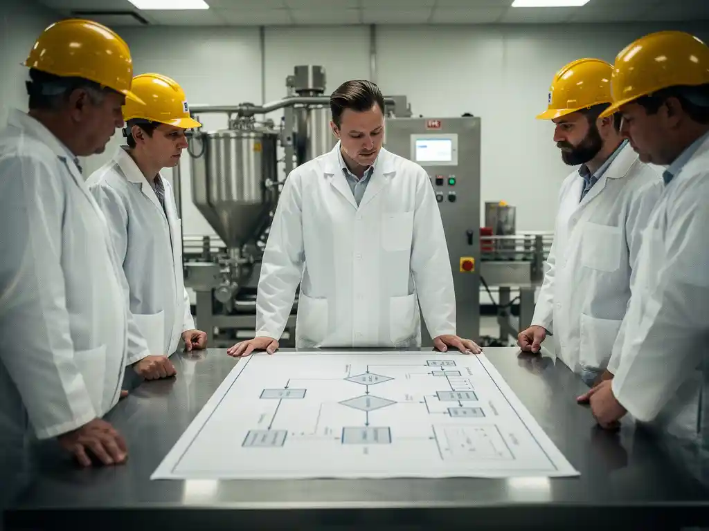 Voedselveiligheidsingenieur in witte labjas bestudeert processtroomdiagram op roestvrijstalen fabriekstafel, omringd door collega's in helmen.