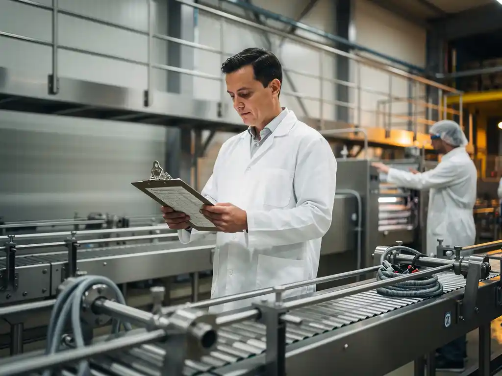 Voedselveiligheidsingenieur in witte labjas inspecteert klembord op productievloer tijdens machinewisseling, collega op de achtergrond.