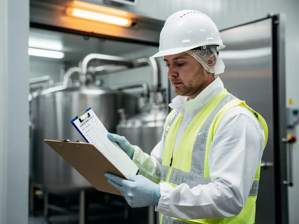Bouwvakker met witte helm, haarnet en handschoenen controleert nalevingschecklist op klembord bij ingang voedselproductiefaciliteit.