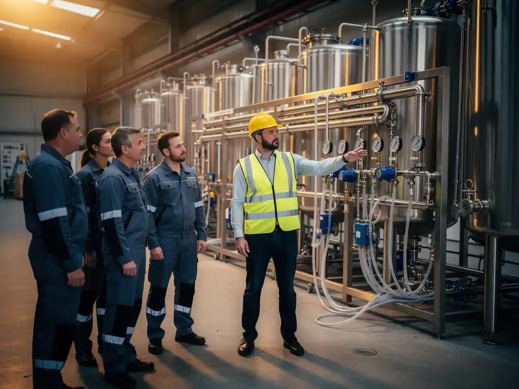 Fabrieksmanager met helm legt waterzuiveringsinstallatie uit aan collega's, roestvrijstalen leidingen en tanks op de achtergrond.