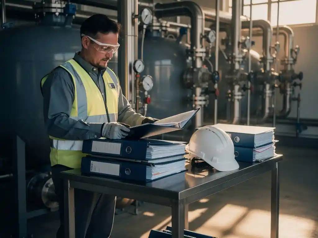 Waterzuiveringstechnicus bestudeert regelgevingsdocumenten naast industriële filtertank, omringd door roestvrijstalen leidingen en kleppen.