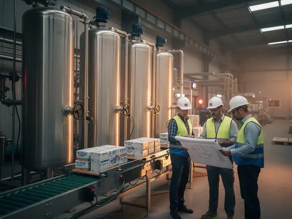 Ingenieurs met helmen bekijken technische tekeningen naast roestvrijstalen filtertanks tijdens waterbehandelingsinstallatie in actieve productiefaciliteit.