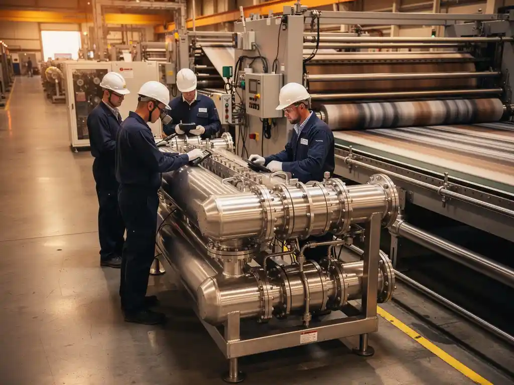 Ingenieurs in witte helmen installeren roestvrijstalen leidingmanifold naast draaiende productielijn in fabriek met amberkleurig licht.