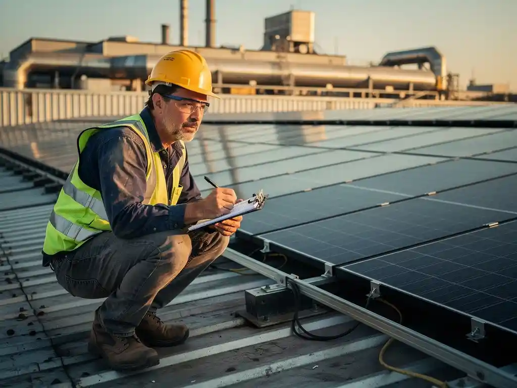 Ingenieur met klembord naast zonnepanelen op fabrieksrooftop, gouden middaglicht over golfplaten dak.