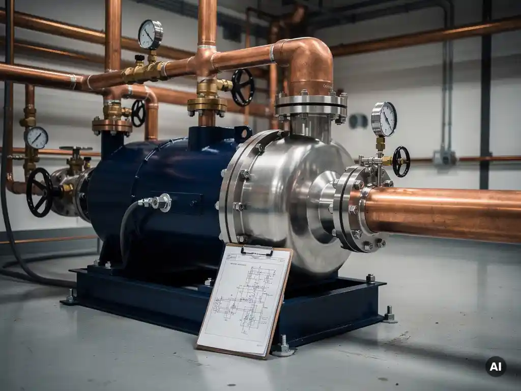 Industriële centrifugaalpomp met gepolijst stalen behuizing, koperen leidingen, drukmeters en technische tekeningen in een machineruimte.