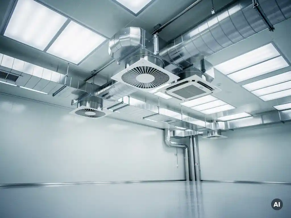 Stalen cleanroom plafond met HVAC-luchtkanalensysteem en laminaire stroomingspanelen in steriele witte ruimte.