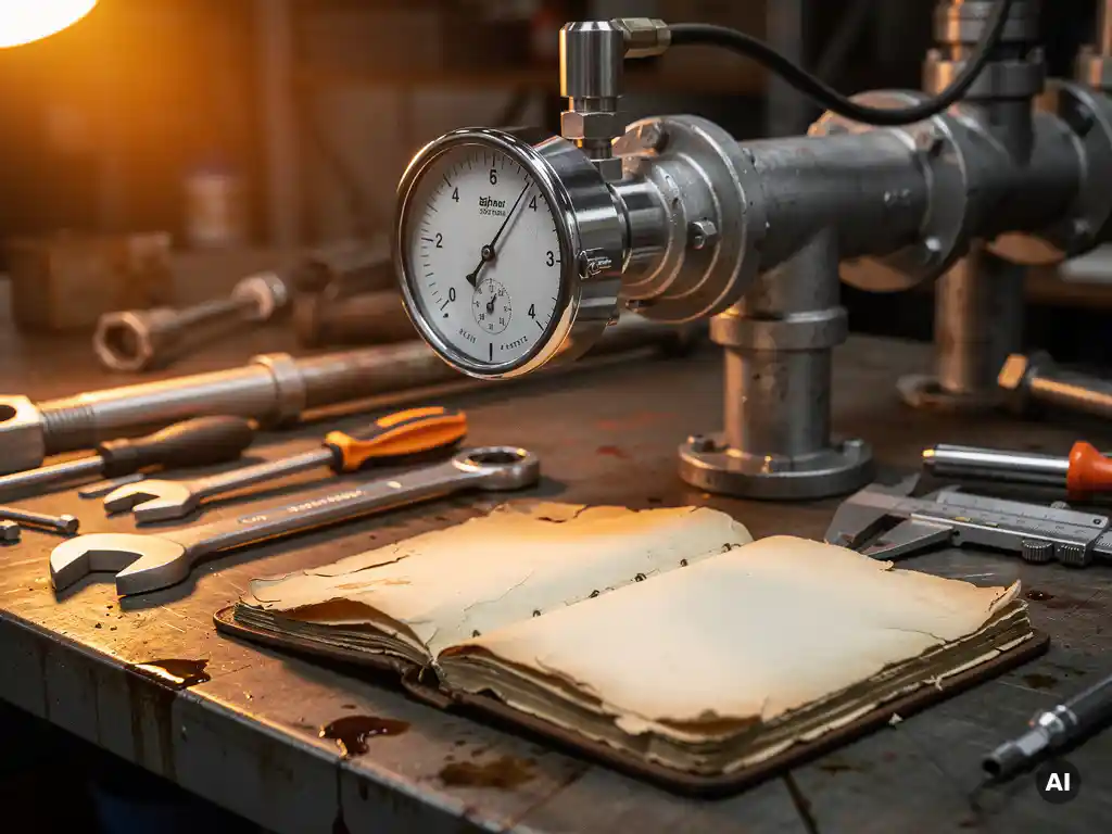 Precisie manometer op industriële stalen leiding, omringd door onderhoudsgerei en versleten logboek op werkbank in fabriek.