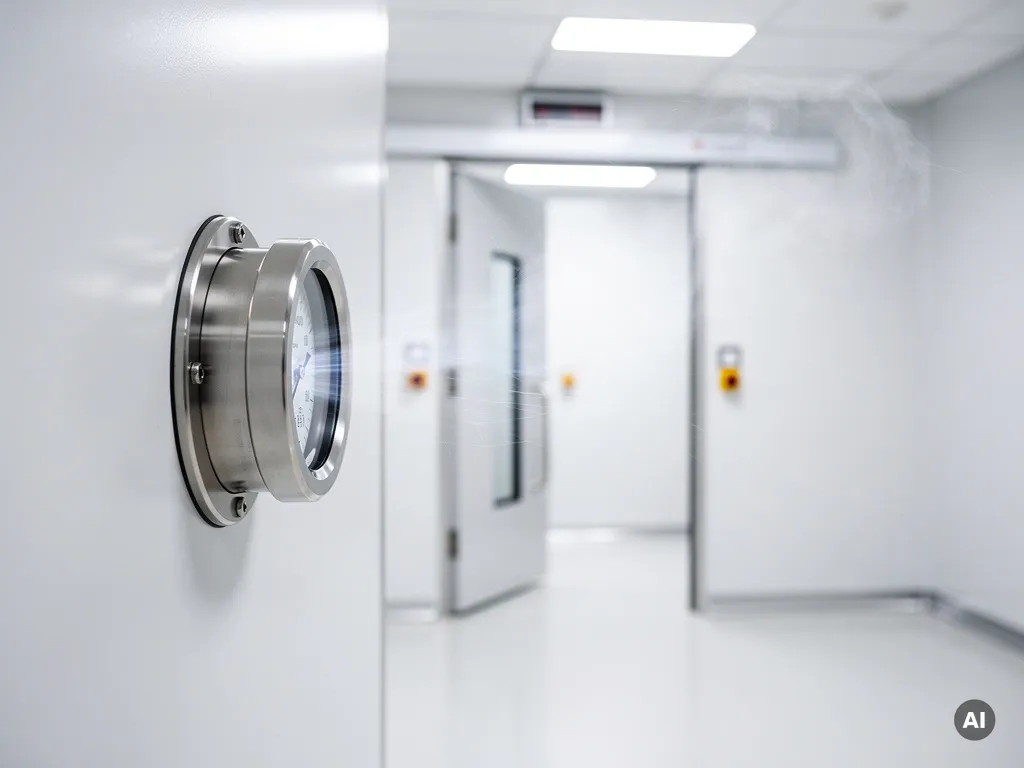 Roestvrijstalen drukverschilmeter op cleanroommuur naast kleurgecodeerde sluisdeuren met zichtbare luchtstroomdeeltjes.