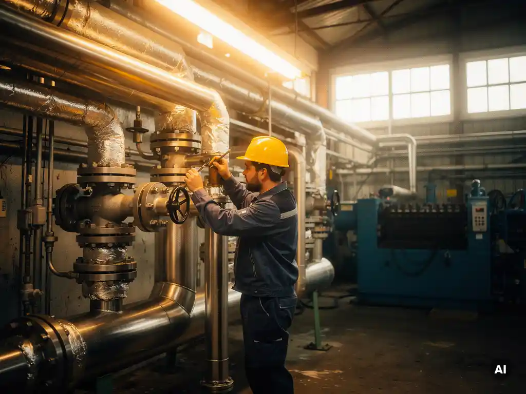 Technicus met helm sluit energiezuinige leidingen aan op industriële infrastructuur in actieve fabriek, met draaiende machines op de achtergrond.