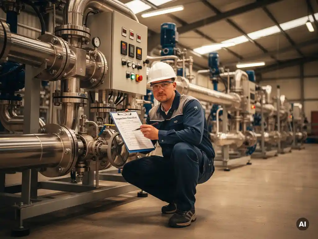Onderhoudsingenieur inspecteert industriële machines met klembord in schone productiefaciliteit met stalen buizen en bedieningspanelen.