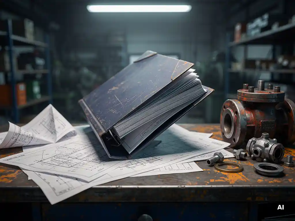 Industrieel beheerbinder die van een rommelig fabrieksbureau glijdt, omringd door onderhoudschema's en mechanische componenten.