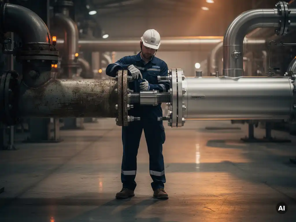 Onderhoudsmonteur verbindt legacy- en moderne staalbuissystemen met precisiebolts op een industriële werkvloer.