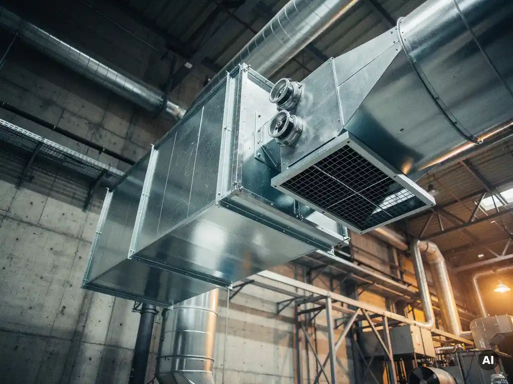Industrieel ventilatiekanaal met stalen roosters en luchtdampers in een fabriekshal met betonnen wanden en warme werkplaatsverlichting.