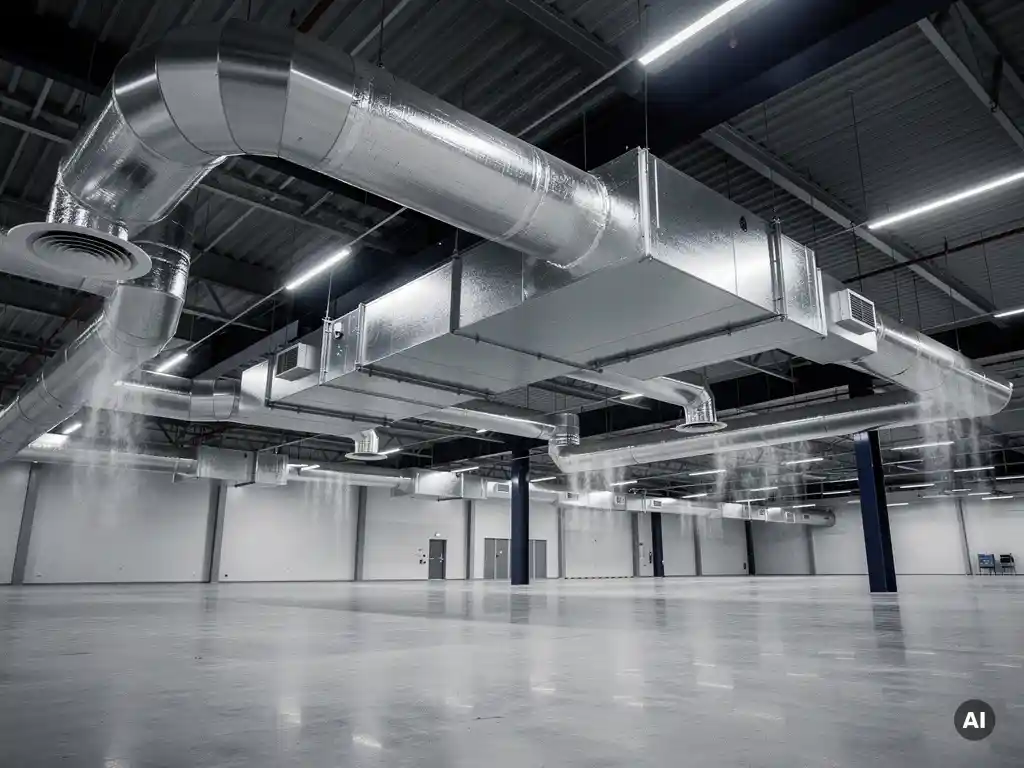 Industriële luchtbehandelingsunit met vertakkend zilver luchtkanalen aan het plafond van een modern commercieel gebouw.