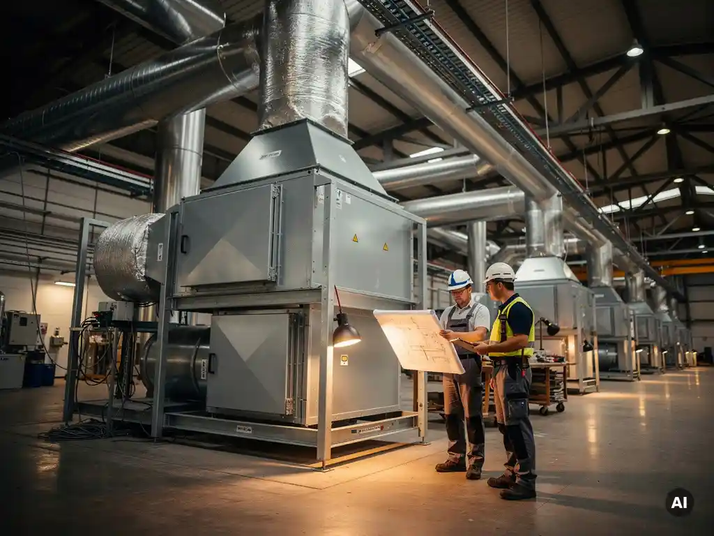 Industriële luchtbehandelingsunit met zilveren kanalen op fabriekshal, ingenieurs bestuderen technische tekeningen bij stalen leidingen en constructiepouwen.