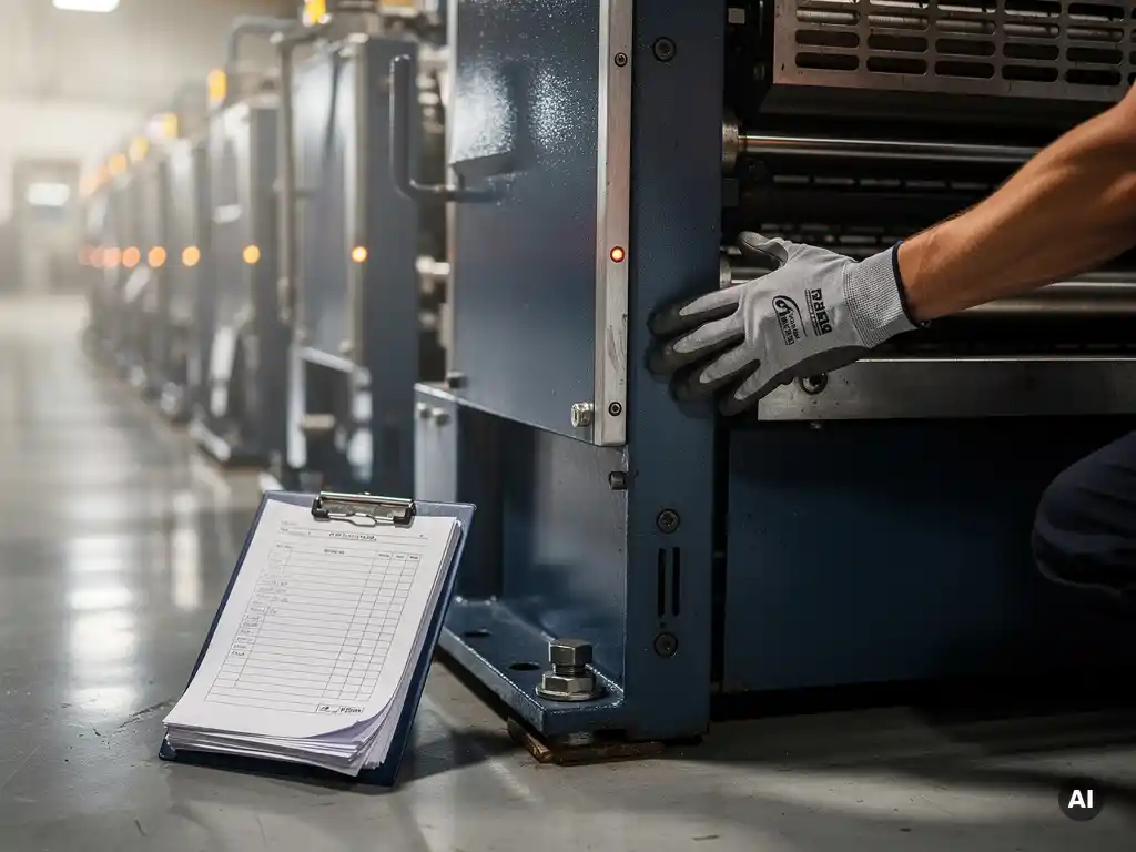 Technicus inspecteert industriële machine op fabriekshal met klembord en inspectieformulieren, dramatische zijverlichting.
