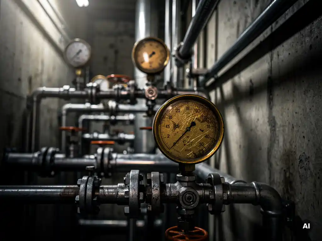 Verweerde bronzen manometer met gespannen naald in industrieel pijpenstelsel, dramatische zijverlichting, fabrieksgang.