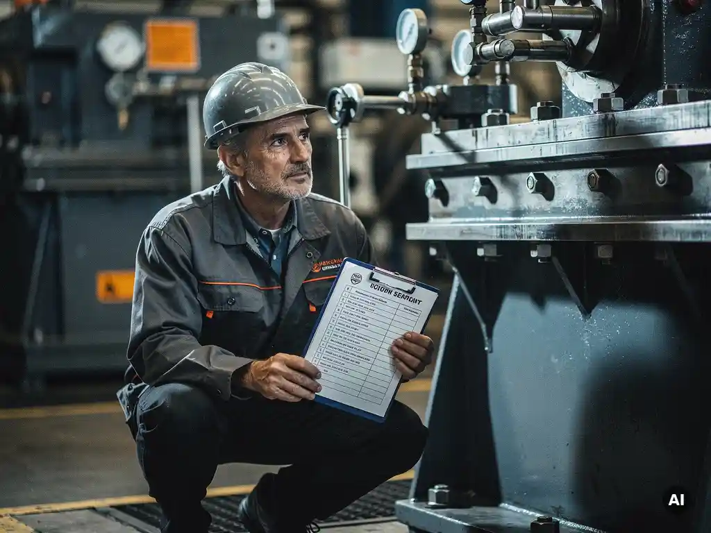 Ervaren industrieel ingenieur met klembord inspecteert grote stalen machine op fabriekshal vloer, drukmeters op achtergrond.