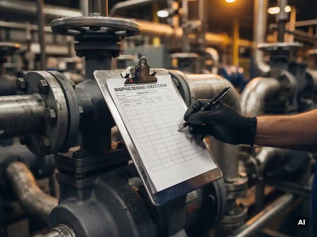 Verweerde metalen klembord met inspectielijst tegen industriële machine, omringd door leidingen en kleppen, hand met pen op fabriekswerkvloer.