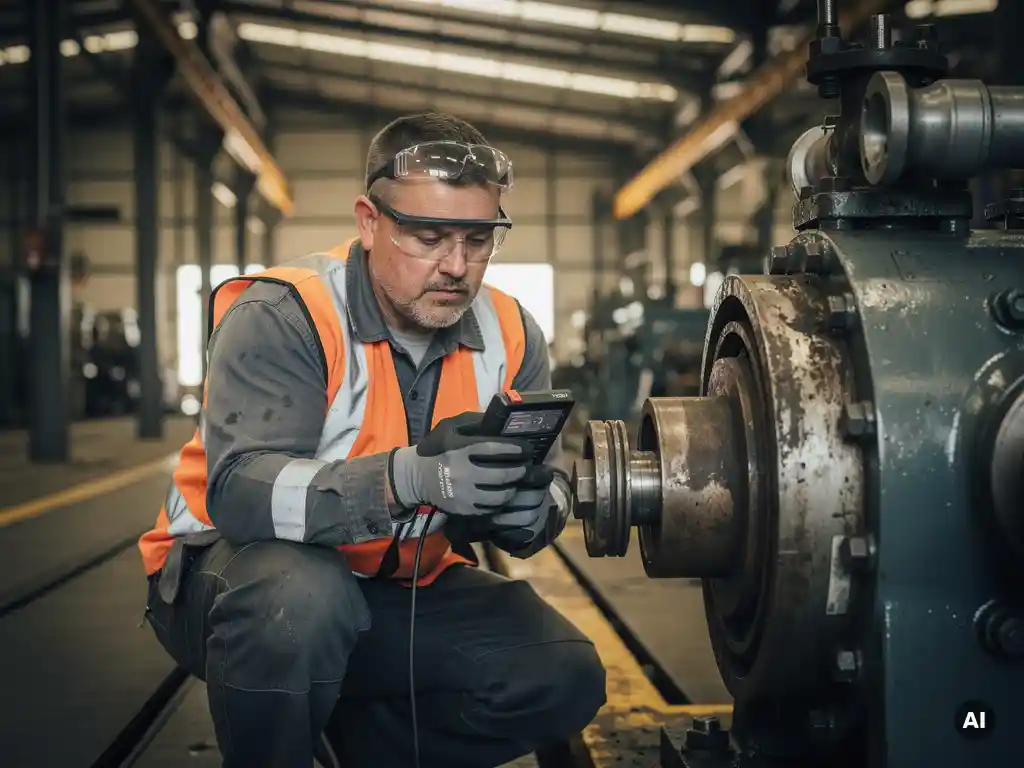 Industrieel technicus inspecteert versleten machineonderdelen met diagnostisch gereedschap op fabrieksvloer.