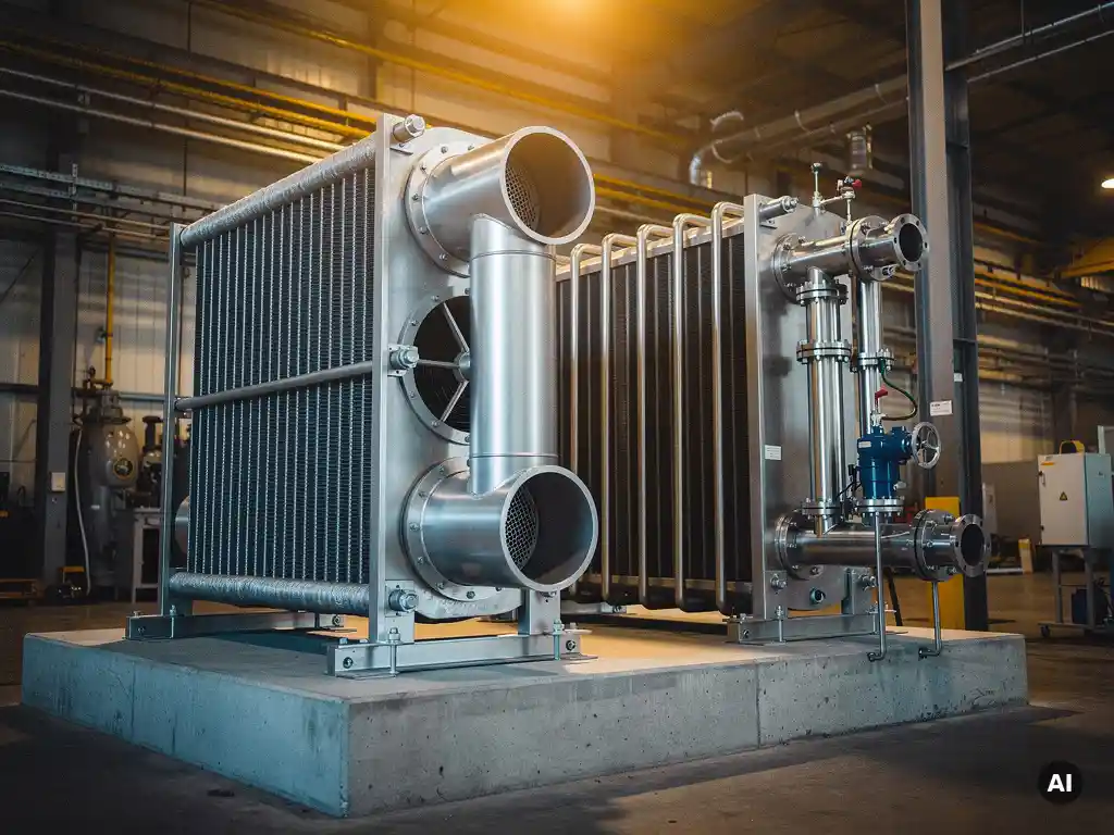 Twee industriële warmtewisselaars naast elkaar in een fabriek, één met luchtvinnen en één met waterleidingen, op een betonnen platform.