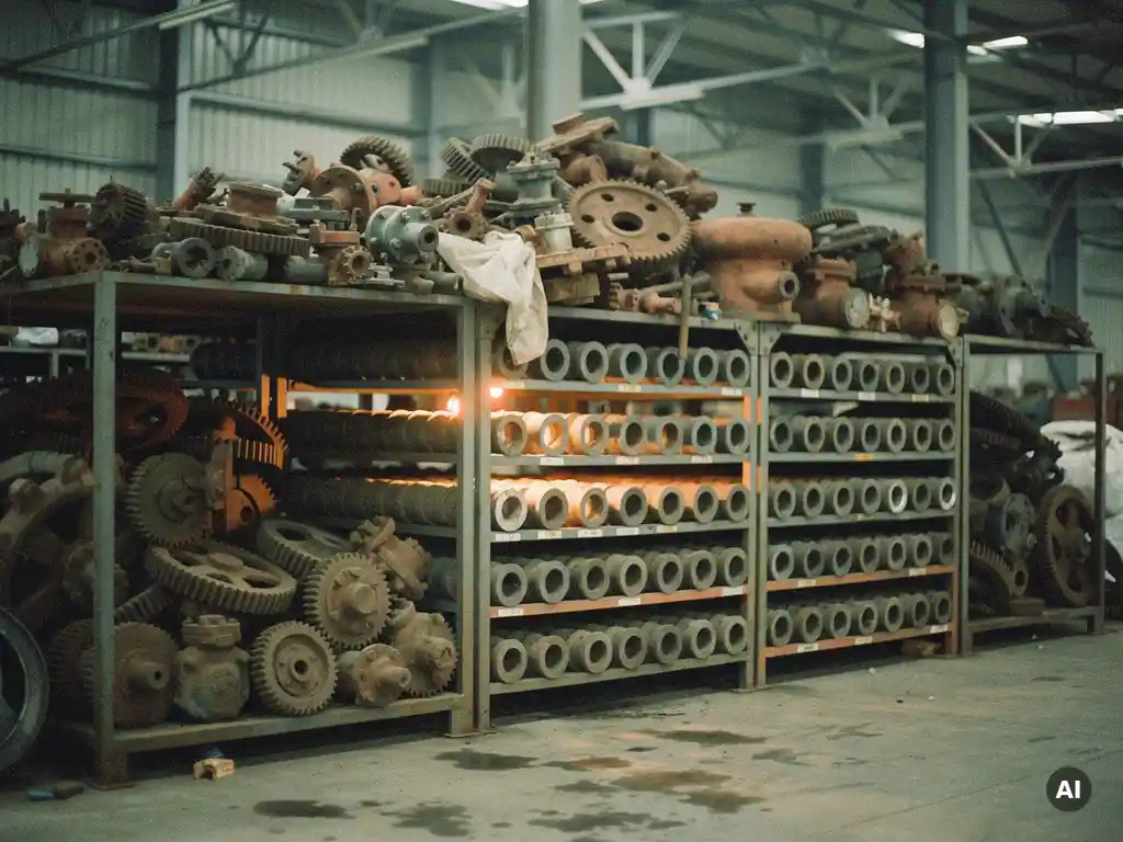 Industriële magazijnstelling met stoffige reserveonderdelen zoals tandwielen en kleppen, scherp gecontrasteerd met een netjes georganiseerde sectie ernaast.