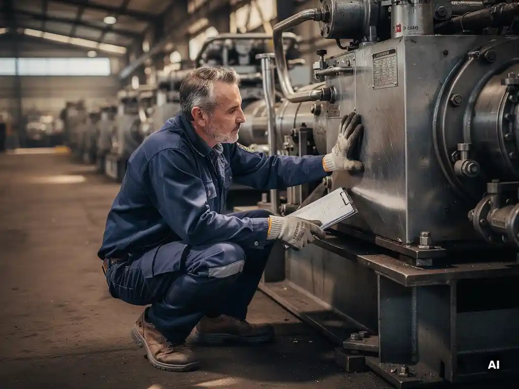 Ervaren monteur hurkt naast industriële machine en bestudeert onderhoudslogboek op stalen fabrieksvloer.