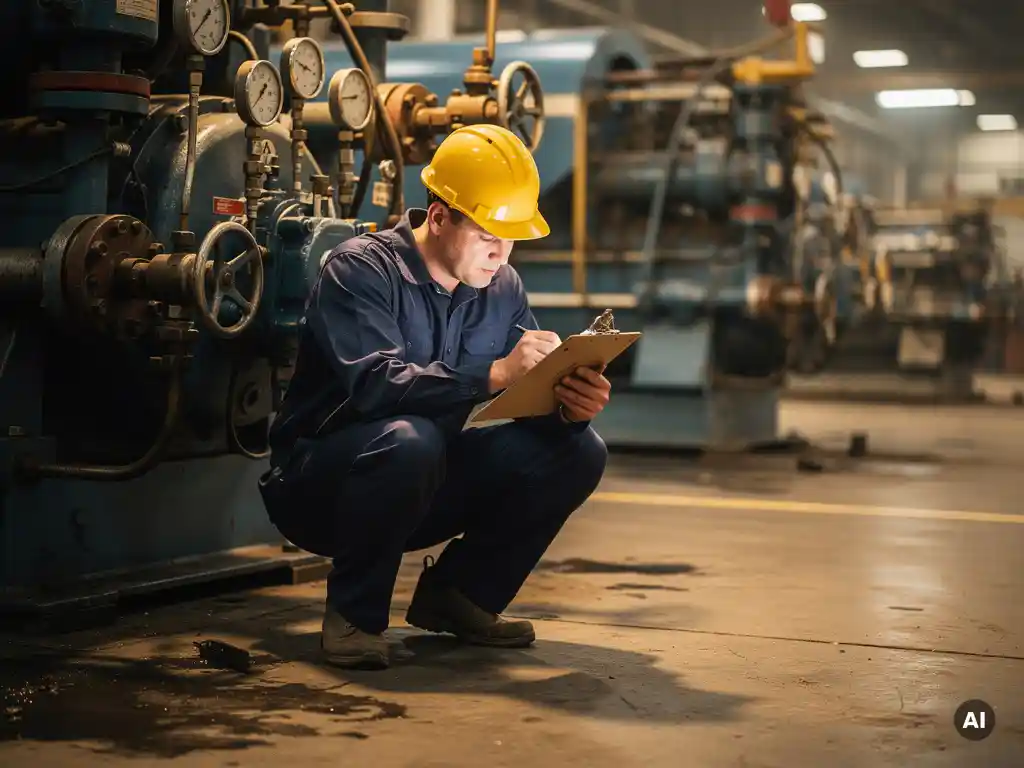 Onderhoudsmonteur met helm die klembord bestudeert naast industriële machine, met manometers op de achtergrond.