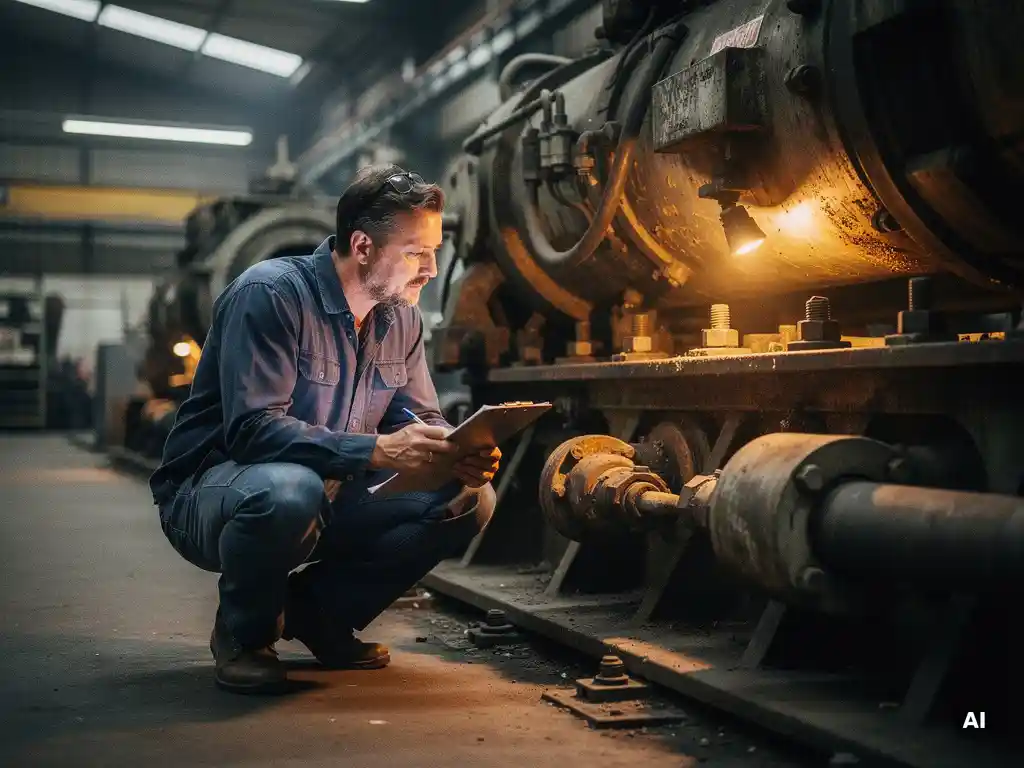 Ervaren onderhoudsmonteur met klembord naast complexe industriële machine op fabrieksvloer, versleten pijpfittingen op voorgrond.