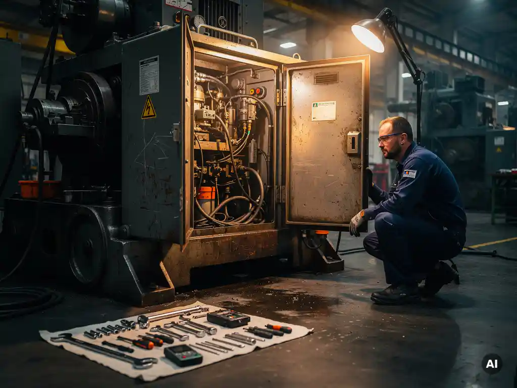 Monteur hurkt naast open paneel van zware industriële machine tijdens onderhoud, precisiegereedschap op doek, warme amberverlichting.