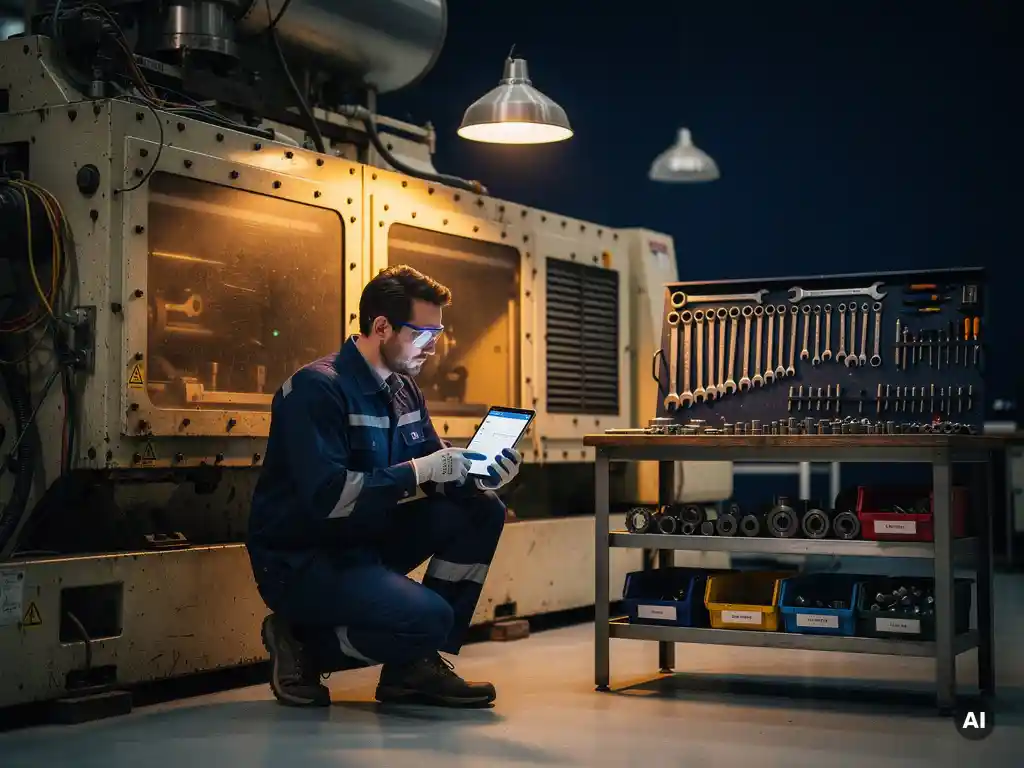 Onderhoudsmonteur naast industriële machine controleert gestructureerde assetdata op tablet, gereedschap op stalen werkbank op fabrieksvoer.