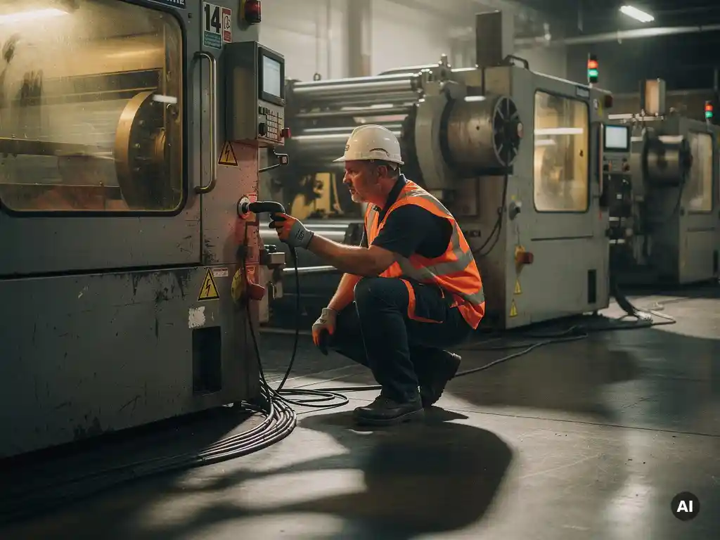Technicus met handheld sensor naast industriële machine op productievloer, dramatische zijverlichting op betonnen vloer.