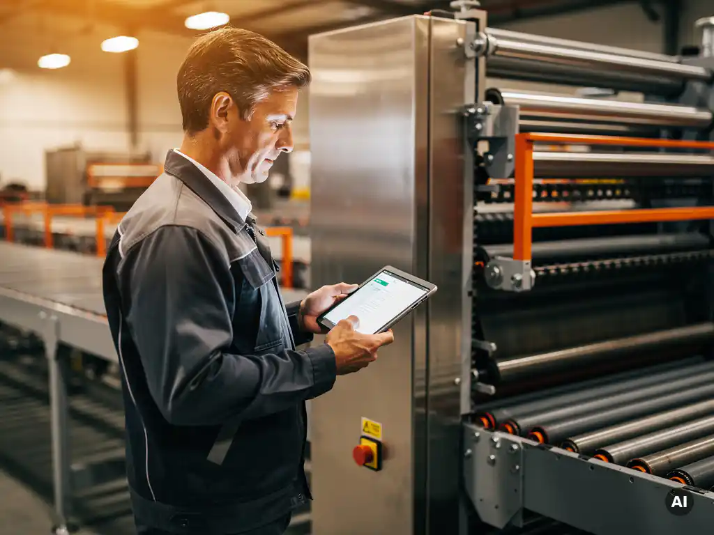 Onderhoudstechnicus bekijkt digitaal tablet op zware machine in industriële faciliteit met transportbanden en stalen apparatuur.