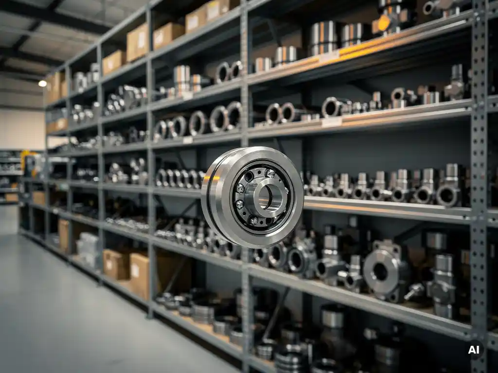Precisie-gefabriceerd metalen onderdeel op de voorgrond, met lagers, afdichtingen en pneumatische fittingen op stalen magazijnrekken.