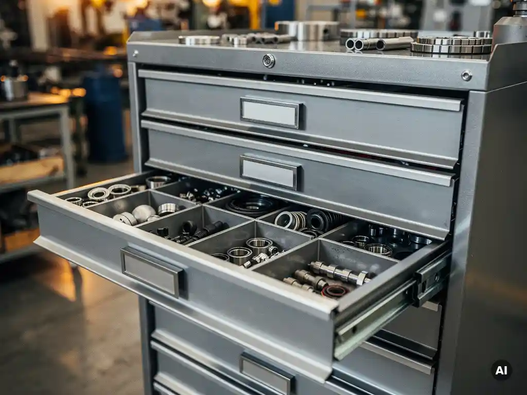 Georganiseerde industriële onderdelenkast met gelabelde metalen lades vol lagers, afdichtingen en precisieonderdelen op een fabriekslocatie.