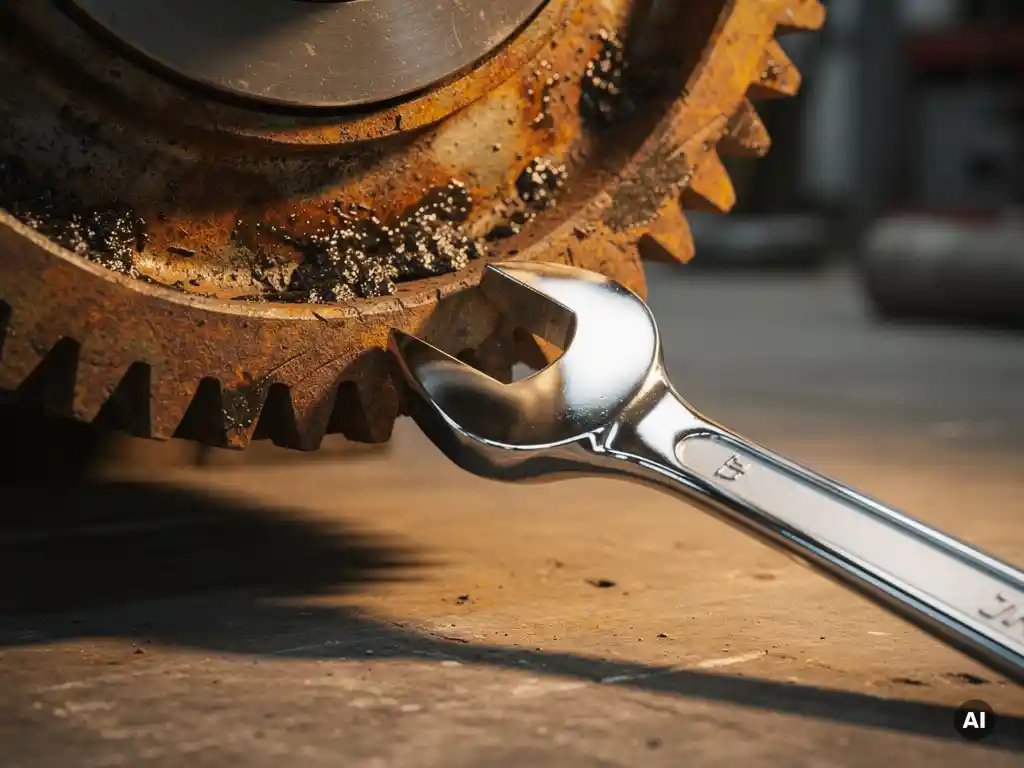 Roestig industrieel tandwielmechanisme dat losgemaakt wordt met een glanzende precisiemoersleutel, roestoranje en chroomzilveren tinten in warme werkplaatsverlichting.