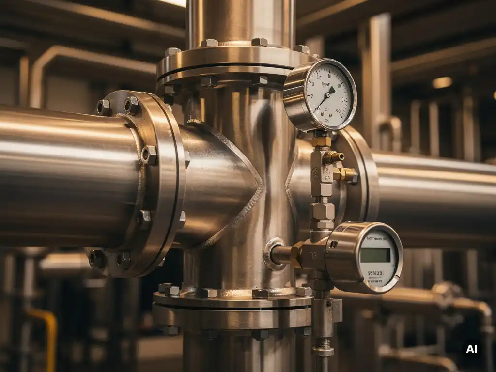 Roestvrijstalen leidingverbinding met drukmeter en flowmeter in industriële procesinstallatie, verlicht door warm werkplaatslicht.