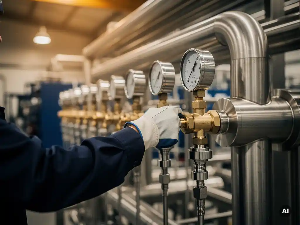 Ingenieur stelt messingkraan af op roestvrijstalen leidingmanifold met drukmeters in industriële faciliteit.