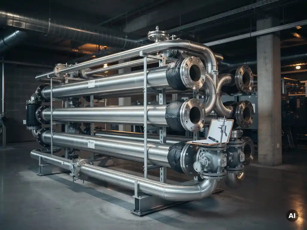 Industriële warmtewisselaar van roestvrij staal in machinekamer, met klembord en schuifmaat op nabijgelegen afsluiter.