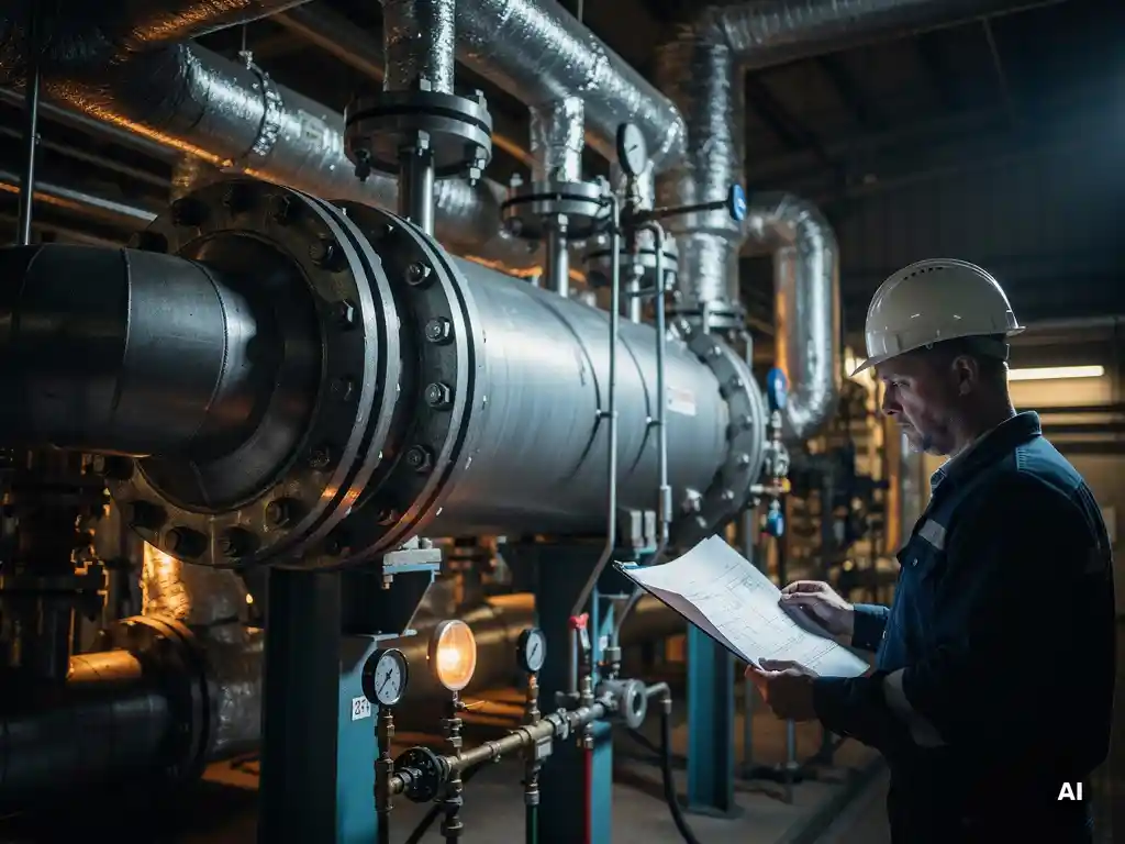 Industriële warmtewisselaar met stalen pijpverbindingen en flensverbindingen in een energiecentrale, met ingenieur die technische tekeningen bestudeert.